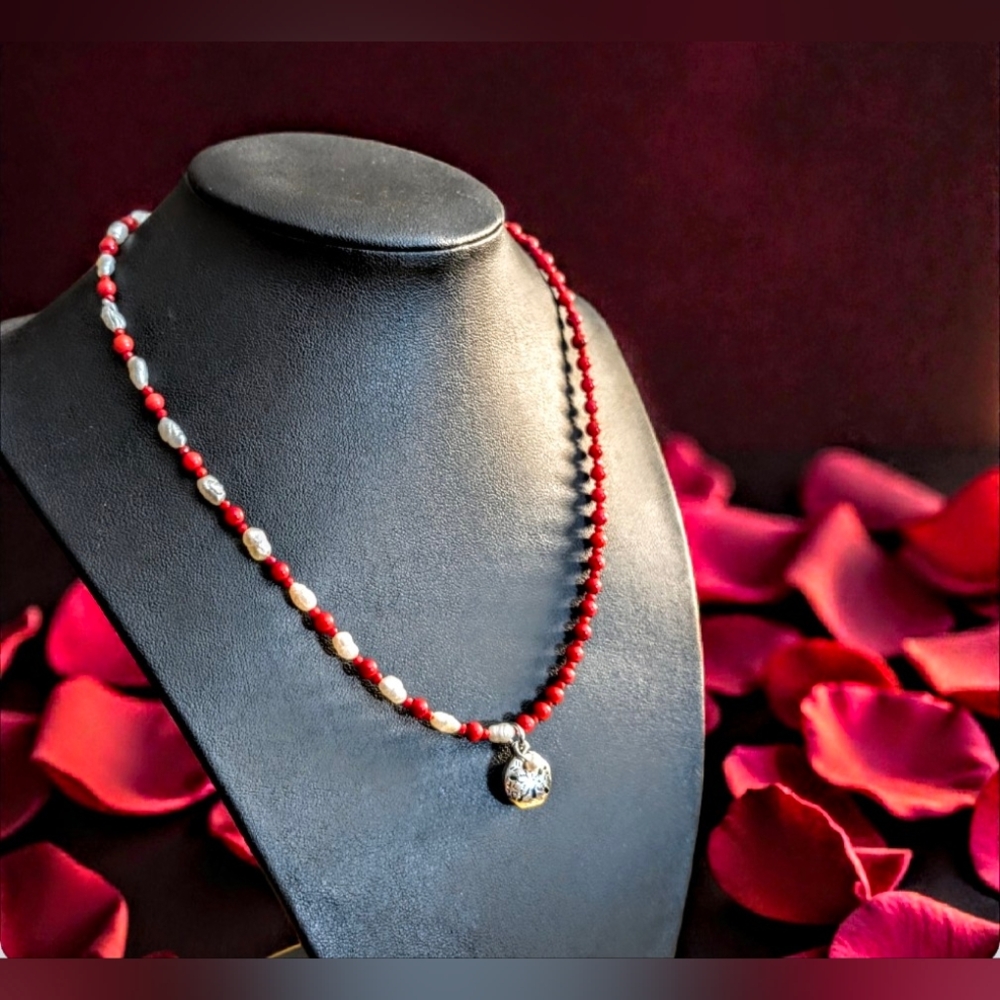 Red Coral & Baroque Pearls Necklace Unique, Exquisite With Magnetic Clasp